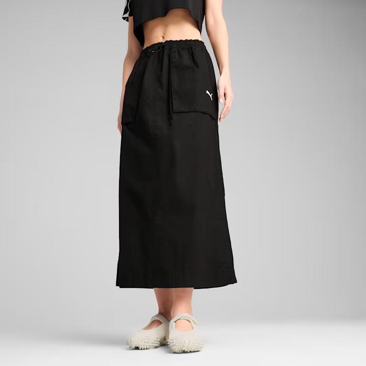 Puma Solid Color Elastic High Waist Long Casual Skirt Women Skirts Black 629784-01