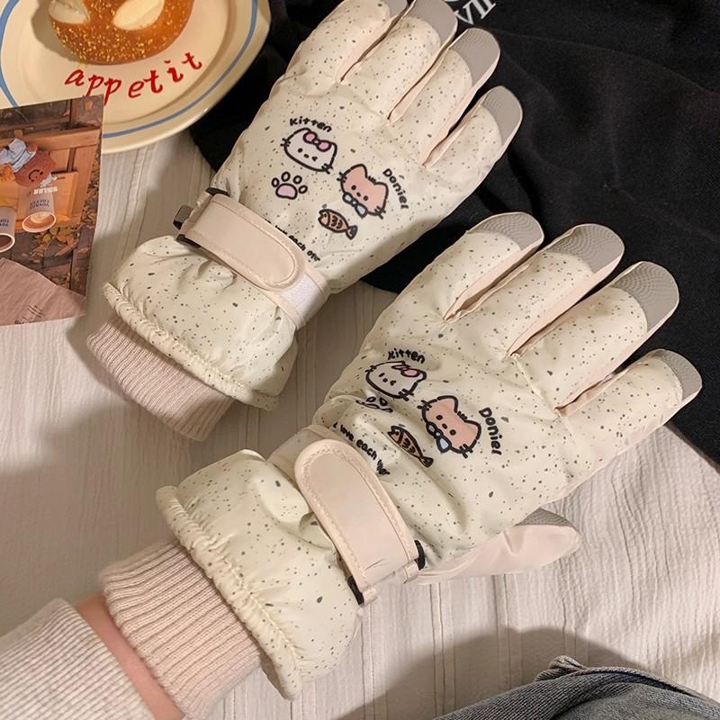 Cute cartoon cat ski gloves female velvet thickened cold-proof riding electric car anti-splashing water