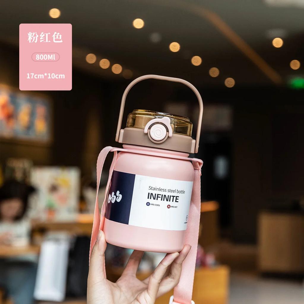 800/1000/1200ml Stainless Steel Water Jug,Pop Flip Lid Insulated Sports Bottle with Carry Handle & Shoulder Strap Camping Hiking