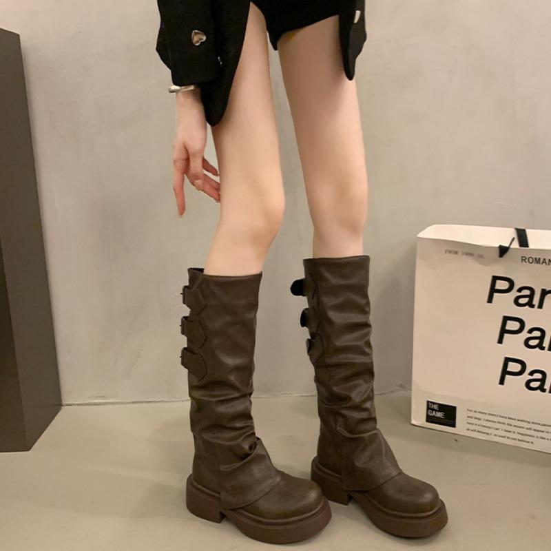 Designer Platform Leather Knight Boots for Women Fashion Soft-soled Women's Knee-high Boots Spring Autumn Casual Shoes Female