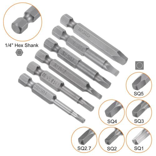 uxcell SQ1/SQ2/SQ2.7/SQ3/SQ4/SQ5 Square Screwdriver Bits, 1/4" Hex Shank, 2" Length, Magnetic, Security Screwdriver Power Tool