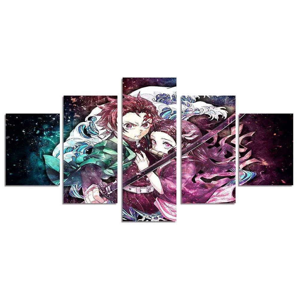 Wall Art Home Decoration Room 5 Pieces Demon Slayer Anime Characters Poster Canvas Painting HD Prints Pictures Framework Modular