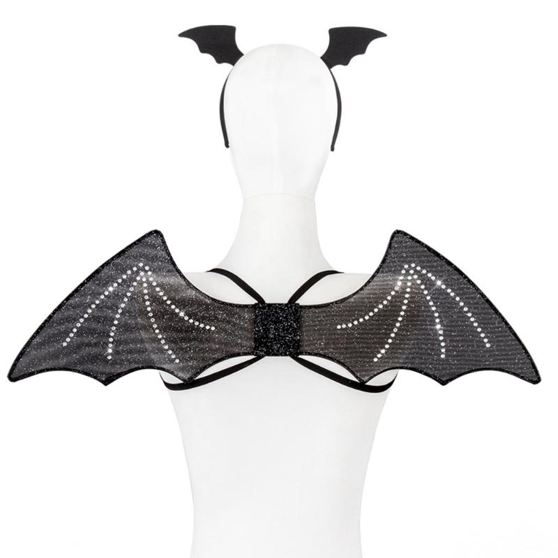 Halloween Wing Bats Wing with Headwear Set Vampires Costume Wing Bats Ears Headband Black Wing for Fancy Dress Parties