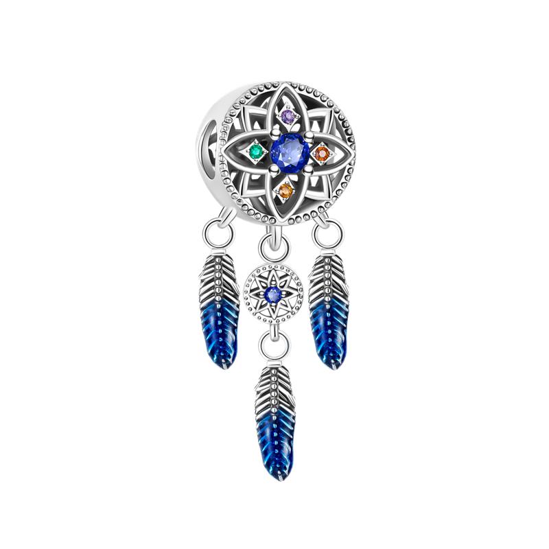 925 copper Inlaid Zircon Feather Charms Bead CZ Moon Dream Catcher Dangle Fit Original Bangle Bracelet Necklace DIY Zircon