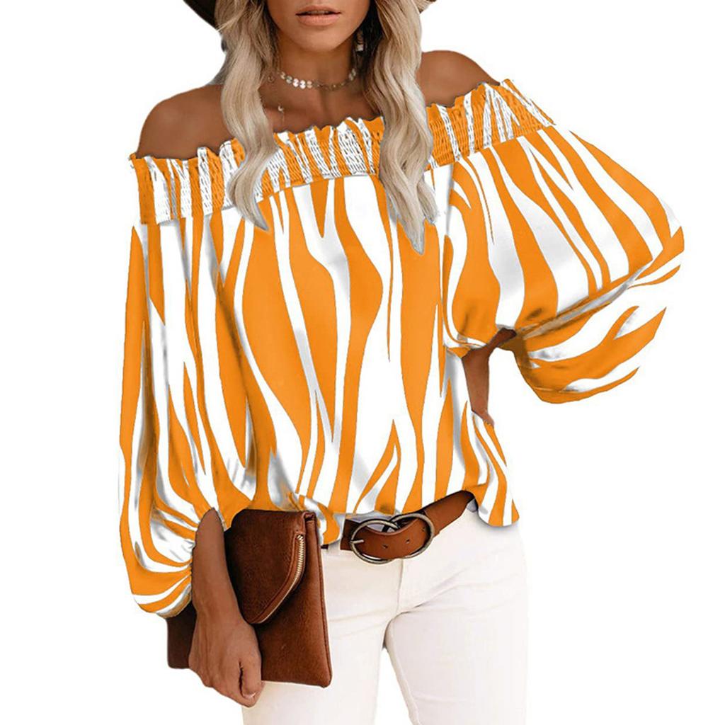 Women's Casual Striped Print Sexy One-Shoulder Long-sleeved Chiffon Shirt