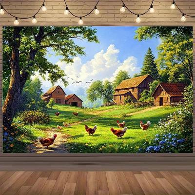 1 Farmhouse Landscape Background with Chicken, Barn, Green and Blue Sky - Rural Themed Background Cloth