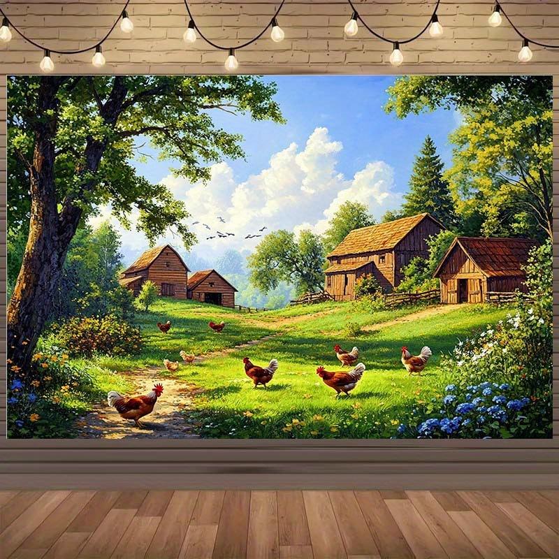 1 farmhouse landscape background with chicken, barn, green and blue sky - rural themed background cloth 150X100