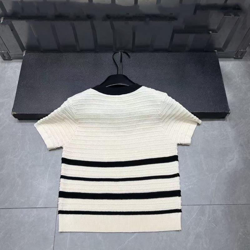 Miu Style 2026 Spring Round Neck Embroidered Stripe Knit Top - Short Sleeve, Youthful & Versatile.