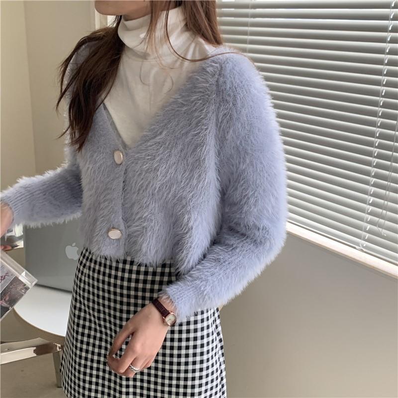 Spring Autumn Women V-neck Imitation Mink Fur Soft Mohair Knitted Sweater Cardigan Coat Short Top