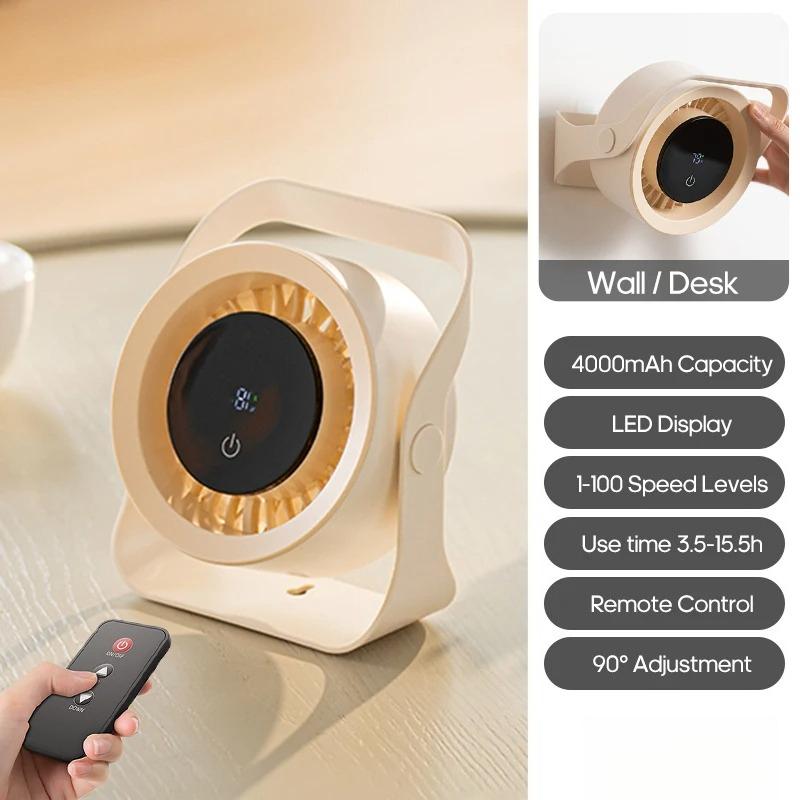 Newest Portable 4000mAh Rechargeable Table Fan Angle Adjustable Wall Fan Remote Control Touch Screen Mini High-speed Cooling Fan