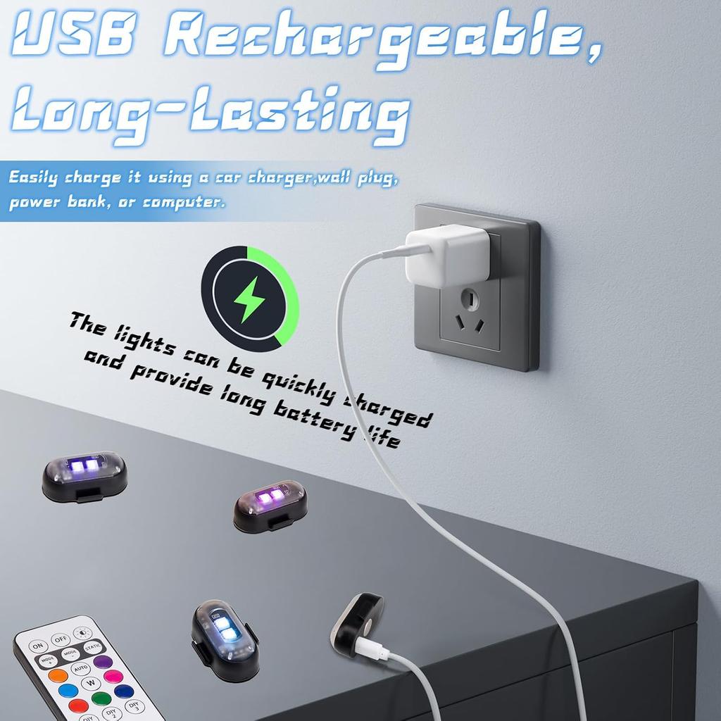 2PCS Wireless LED Strobe Lights with Remote Control, Waterproof USB Charing 8 Colors Mini LED Lights, High Brightness Anti-Collision Warning LED
