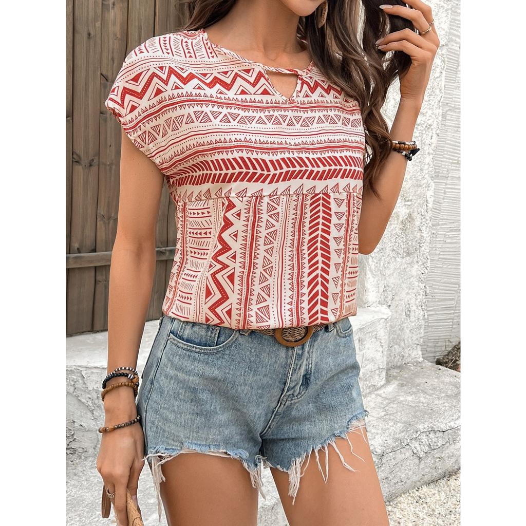 GMXIA Women's European and American Geometric Pattern Round Neck Short-sleeved Shirt Top