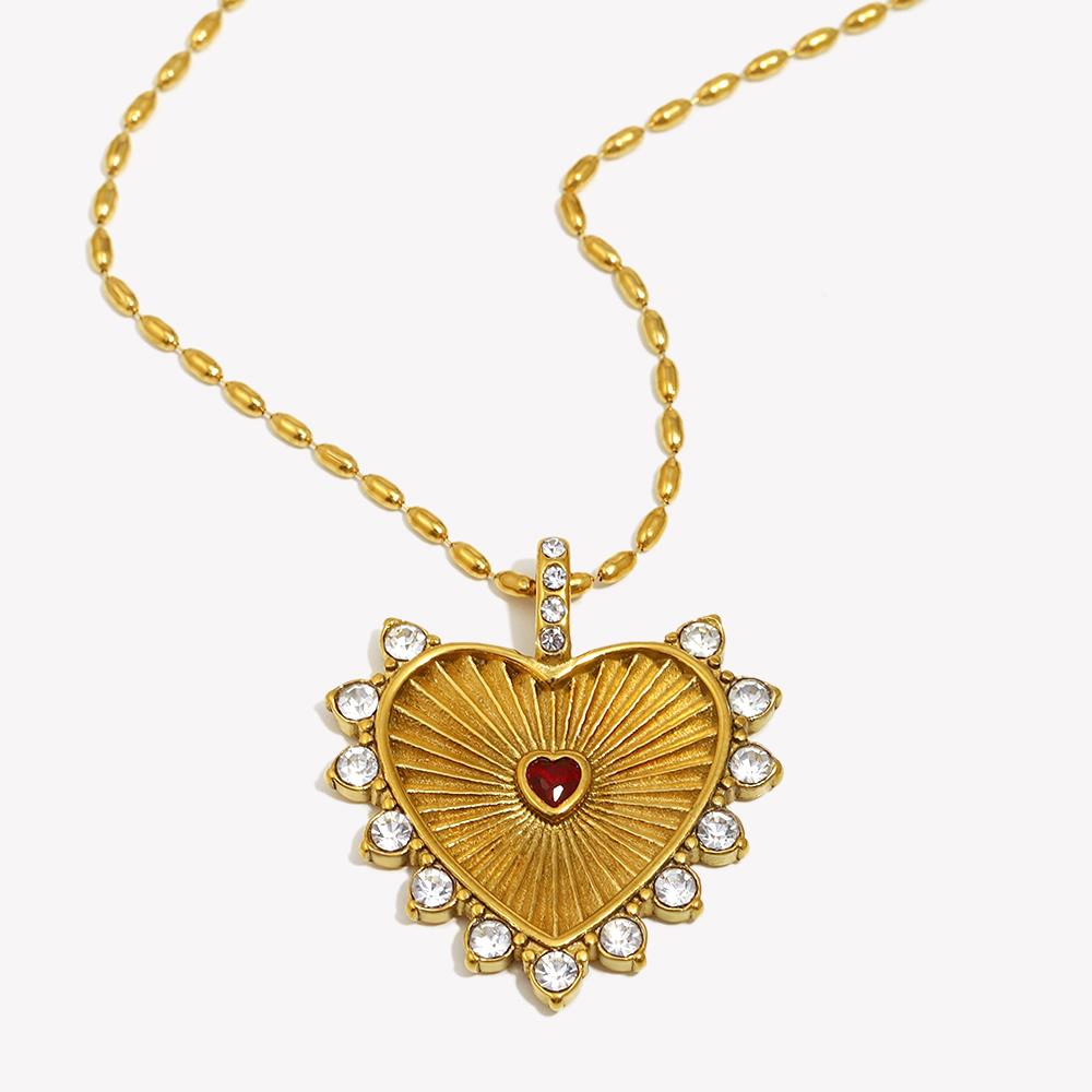 E.B.belle Cute Style Full Zircon Red Heart Pendant Charm Necklace Stainless Steel Sweet Sign Gold Plated Tarnish Free Jewelry