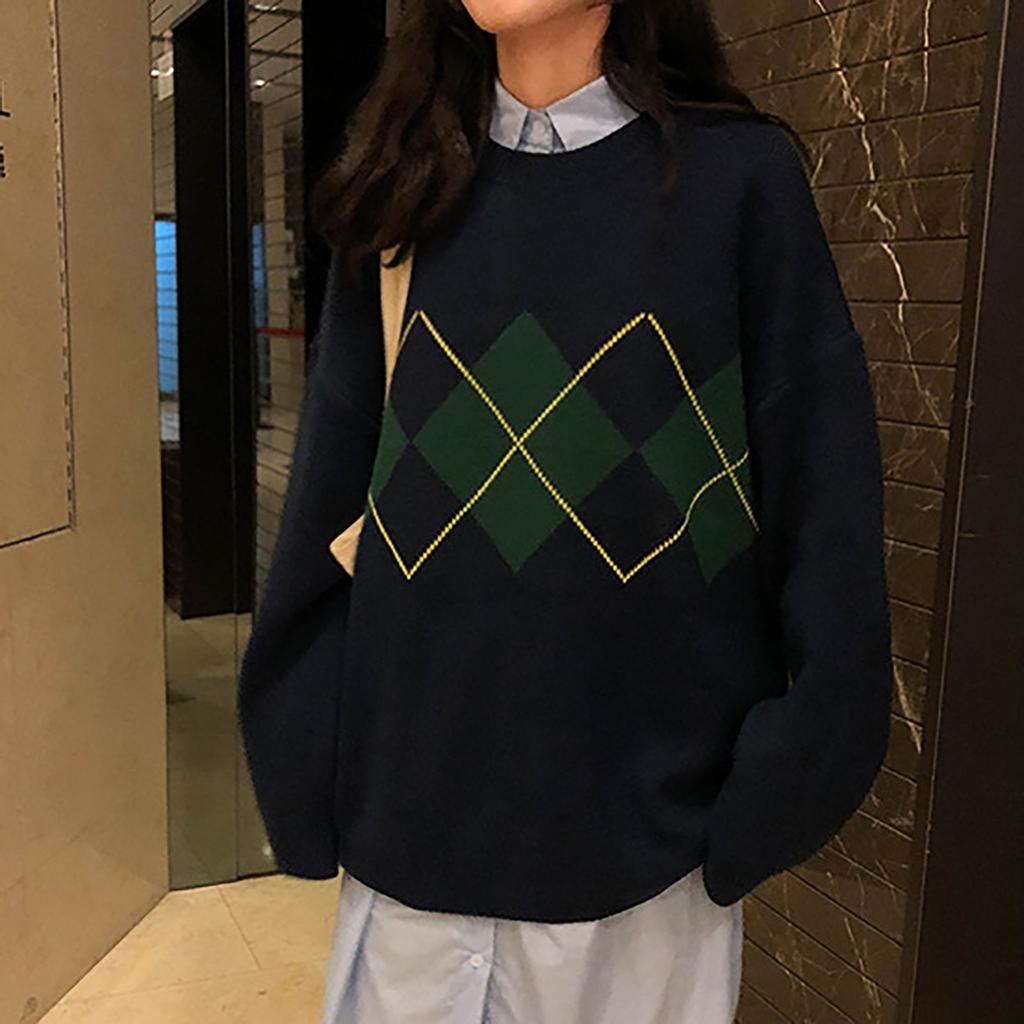 Herbst Winter Innenhof Stil Geometrisches Muster Lose Rundhals Strick Pullover