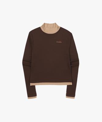 Half-Neck Contrast Long Sleeve T-Shirt Women'S Brown