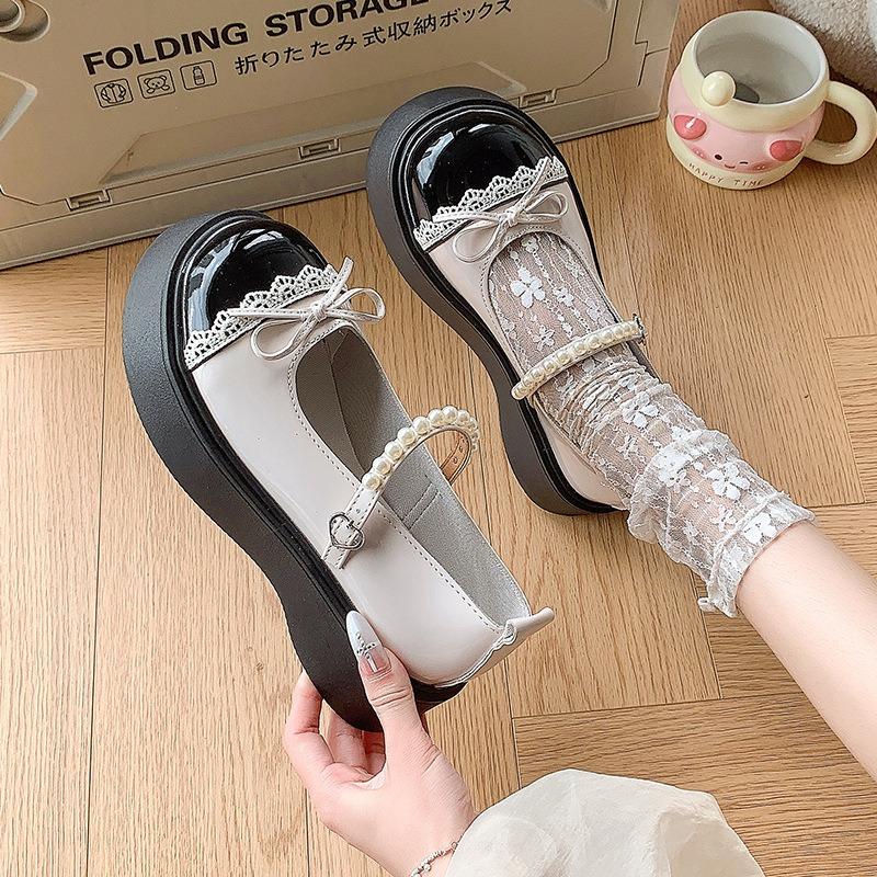 Pearl Bow Platform Small Leather Shoes Women's Summer New with Skirt Mary Jane Single Shoes