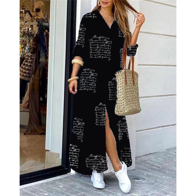 Women's Summer New Style Long-sleeved Casual Shirt Skirt Long Printed Split V-neck Large Size Loose Dress