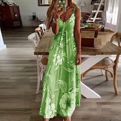 Spring Summer Dress Women Green Floral Print V-Neck Long Dresses Casual Bohemian Sleeveless Women Beach Party Dress