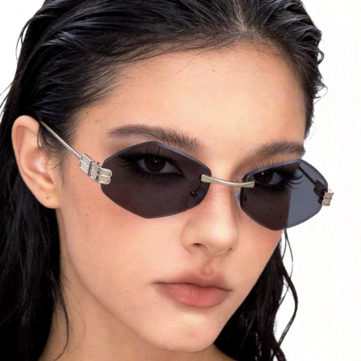 New rhombus frameless thin frame metal sunglasses, premium light luxury old money wind shading sunscreen versatile sunglasses