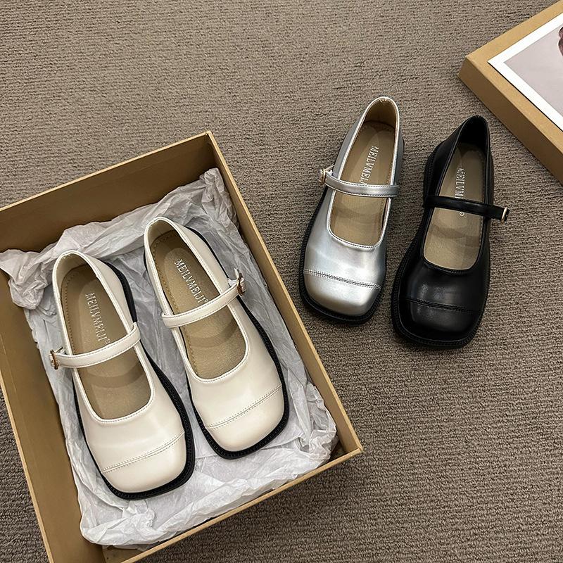 Silver French Square Head Soft Sole Light Mouth Single Shoes Women's 2025 New Models with Skirt Temperament Mary Jane Women's Shoes Small Leather Shoe