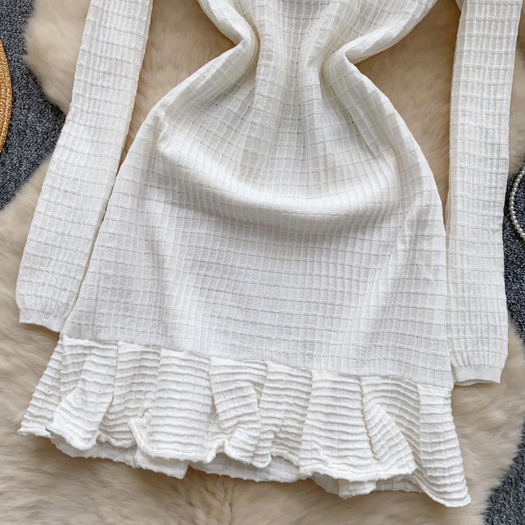 Spring Autumn Women Elegant V-neck Designer Knitted Sweater Mini Short Dresses