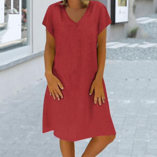 Rochie cu mânecă scurtă cu decolteu în V, cu mânecă scurtă pentru femei, cu potrivire largi, subțire, lungime până la genunchi, lavabilă, culoare solidă, rochie casual, îmbrăcăminte de stradă