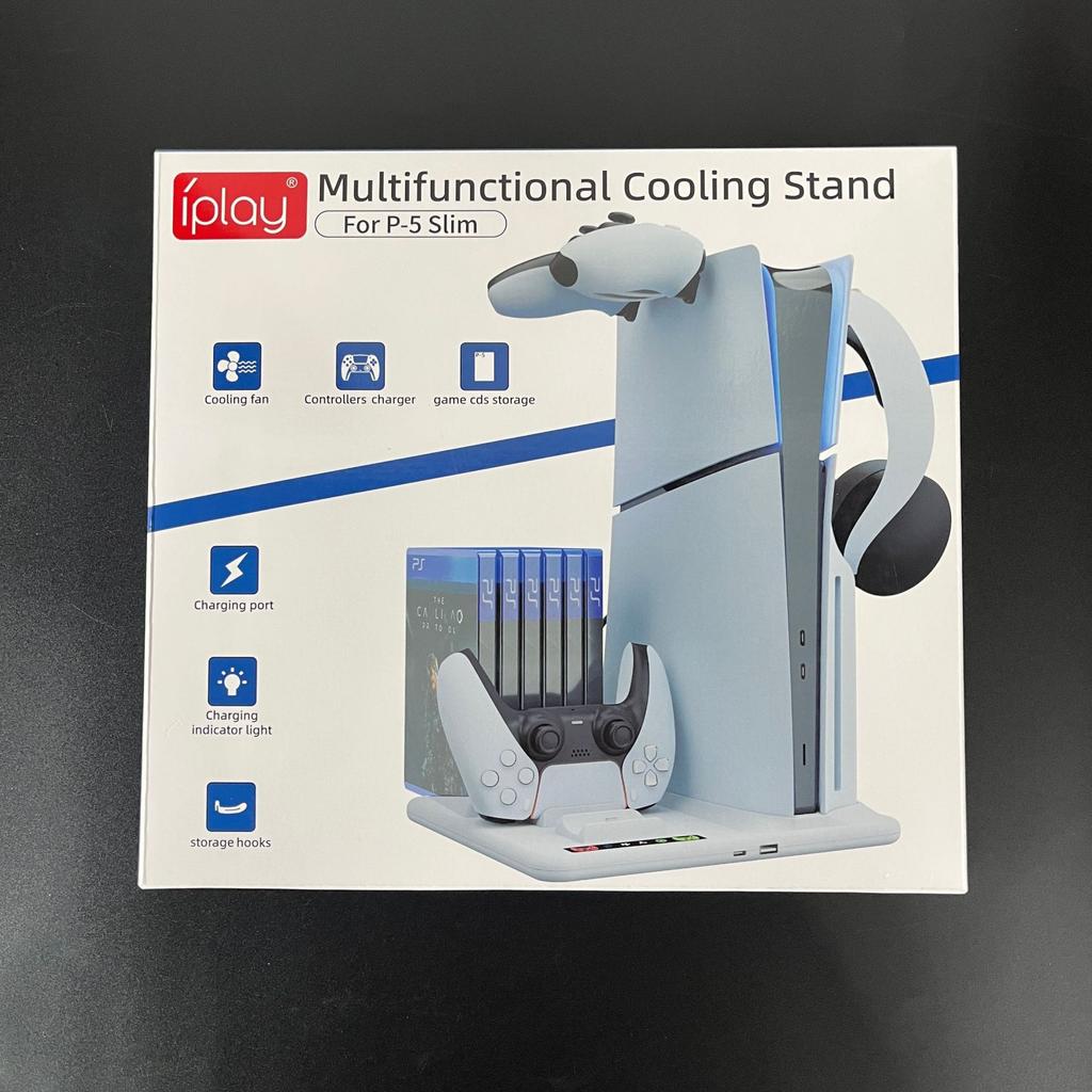 PARA PS5 Slim con estación de carga y soporte de almacenamiento para 8 juegos con ventilador de refrigeración y estación de carga para controlador PS5