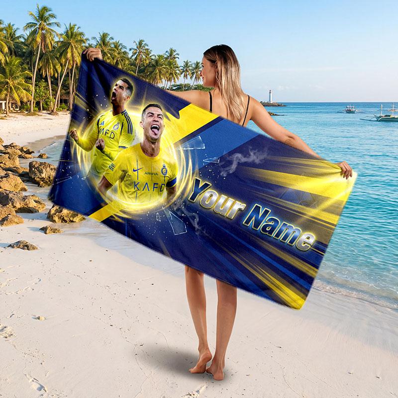 Cristiano Ronaldo Custom Beach Towel, Personalized Name Text Print, Football Logo Soft Quick‑Dry Towel Holiday Gift