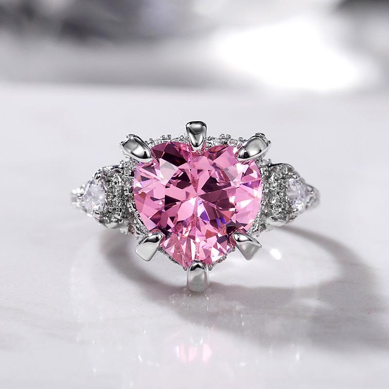 Cao Shi's Heart-Shaped Pink Zircon Diamond Ring - European & American Style for Weddings & Proposals