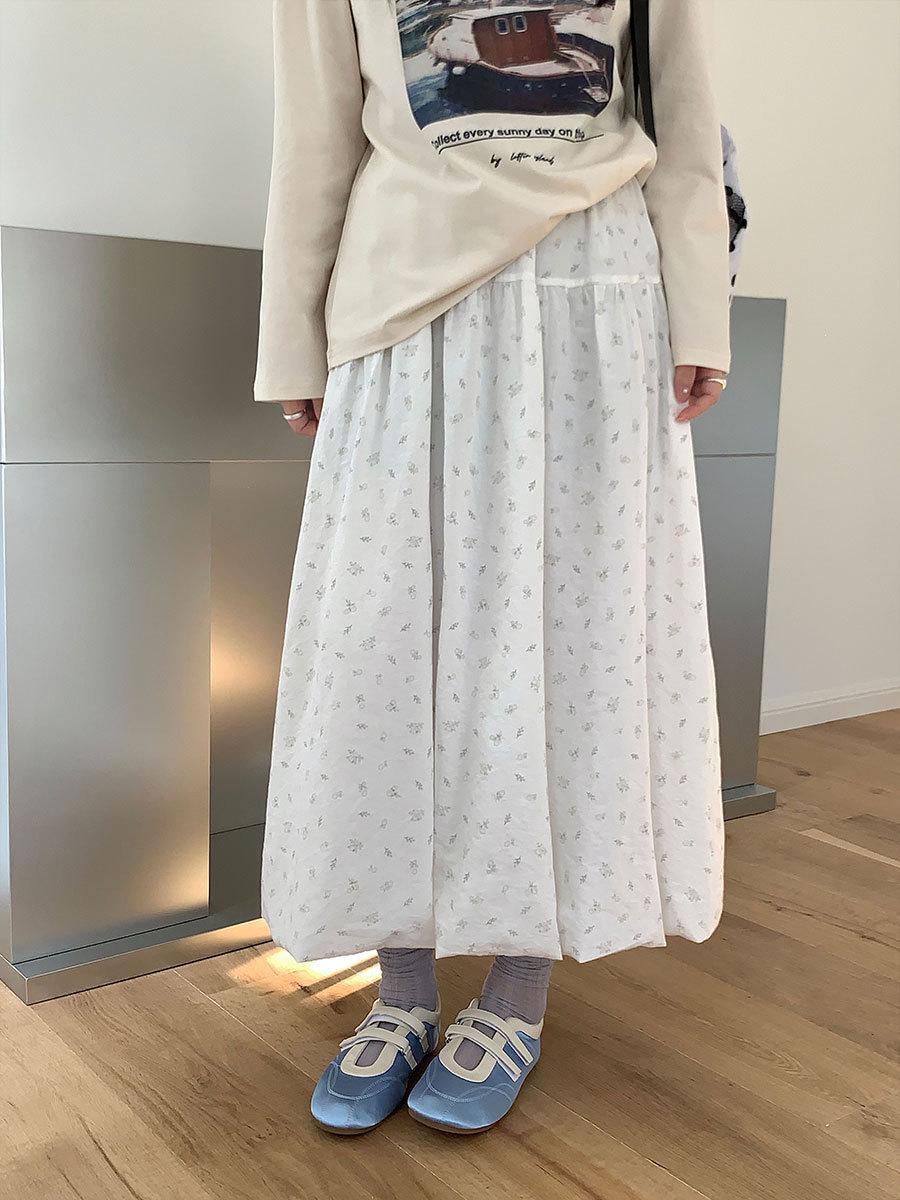 Thirteen Lines Spring Korean Versatile A-line Floral Skirt with Elastic Waist & Drawstring (Women) One Size белый