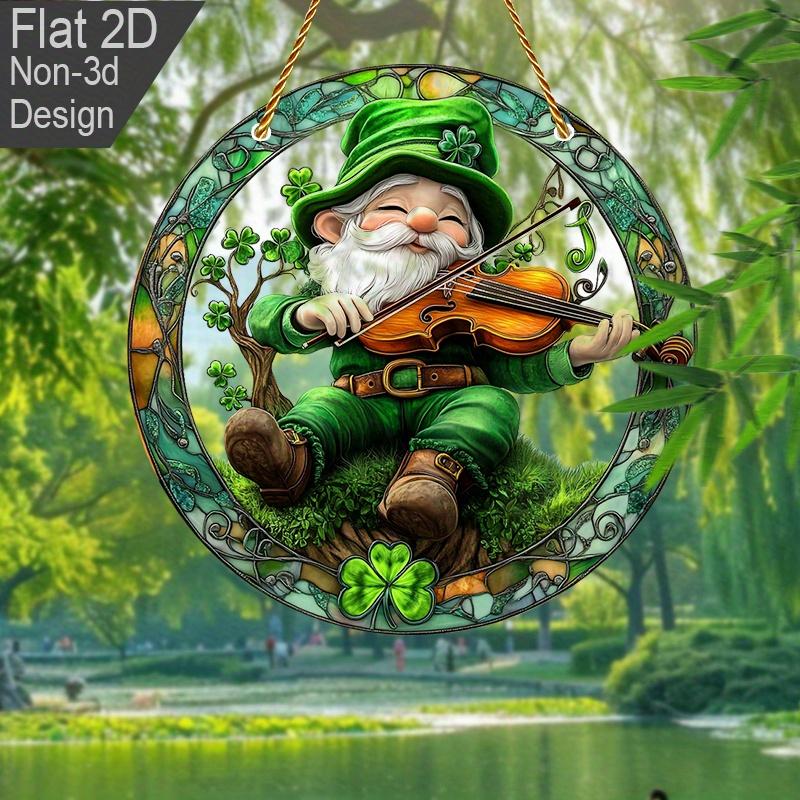 2D Flat St Patrick'S Day Gnome Fiddle Acrylic Decoration Sign, Shamrock Gnomes Design, Suitable for decoration, Wall, porch, Room, Villa, accents Home