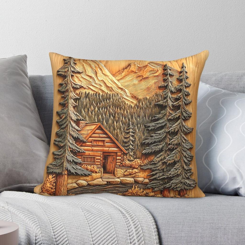 Cabin Retreat Mountain Woodcut Square Pillowcase Polyester Linen Velvet Pattern Zip Decor Pillow Case Car Cushion Cover