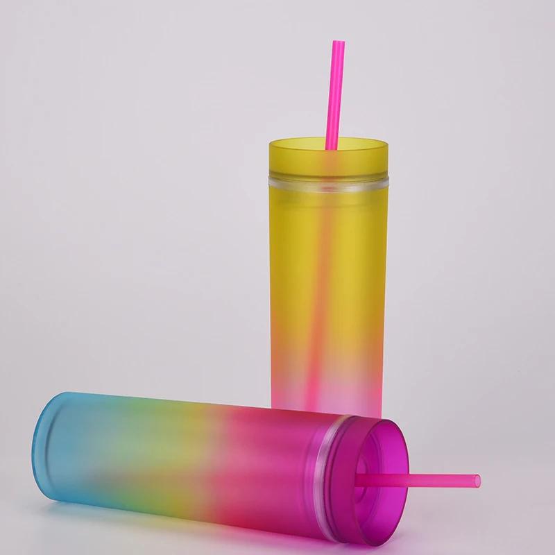 16oz Gradient Rainbow Skinny Tumbler din plastic Sticle de apă Cupă dreaptă, cu două straturi, Curcubeu, cu paie