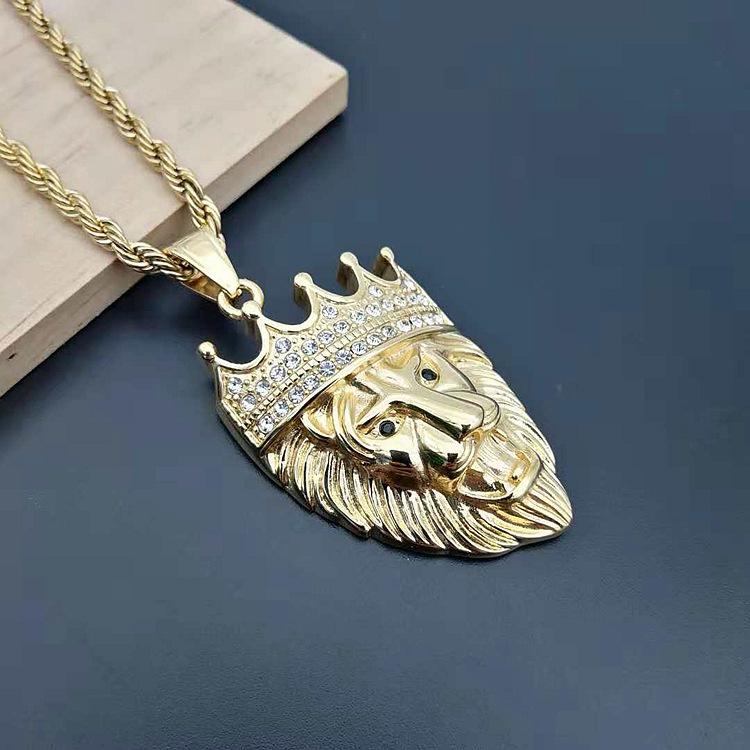 Full Iced Rhinestone An Crown Lion Tag Necklaces Pendants Cuban Chain 316L Stainless Steel Hip Hop Gold Silver Color Jewelry