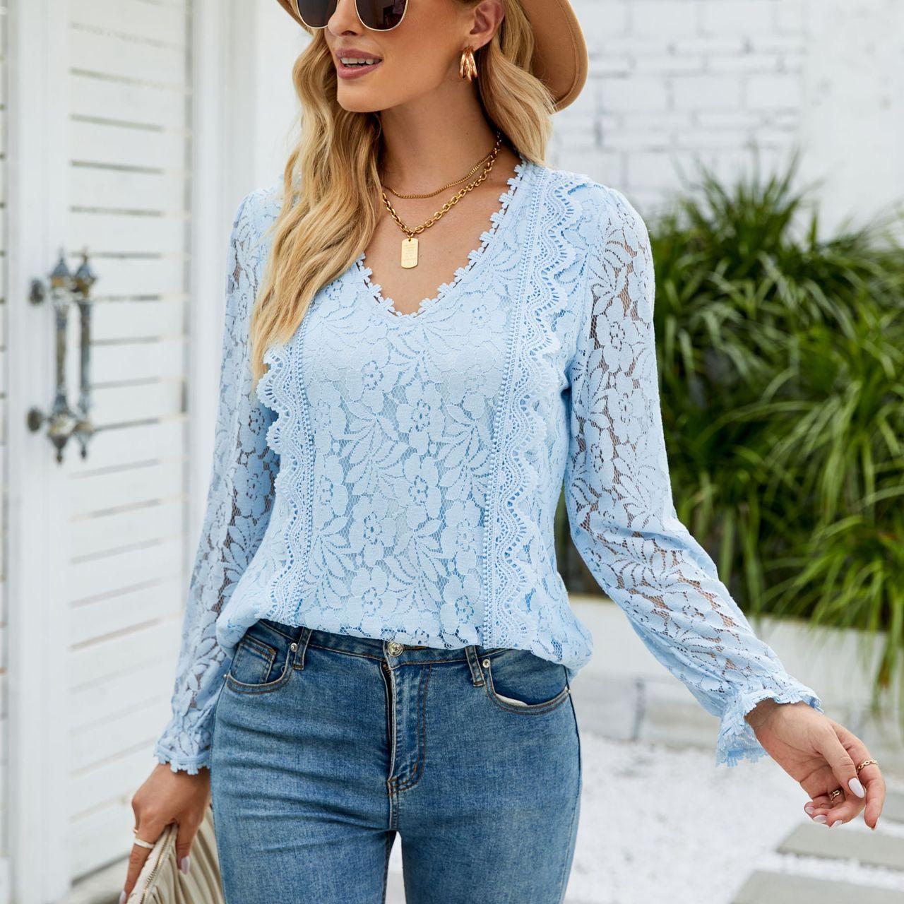 

Кружевные женские футболки с длинными рукавами, осенний однотонный ажурный кружевной сексуальный трикотажный кружевной топ XXL небесно-голубой