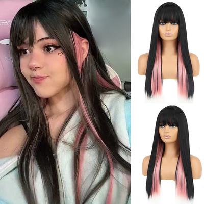 Lange glatte Haare, schwarz-rosa Kunstfaser-Perücke mit Pony für Frauen, Lolita-Perücke, Cosplay, Alltagskleidung