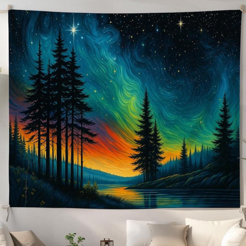 A colorful forest night sky tapestry 75x100 чёрный