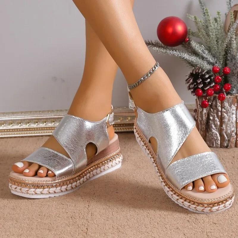 Hot Selling Sandals Platform Shoes for Women 2025 Summer Peep Toe Wedge Women's Silver Luxury  Hemp Light Casual Ladies Sandal