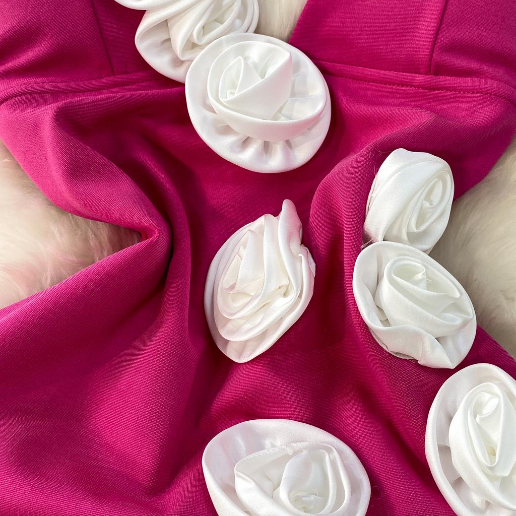 French Temperament Three-dimensional Flower V-tie Chest Pad Dress Women's Summer New Waist and Thin Hip-wrapped Split Dress