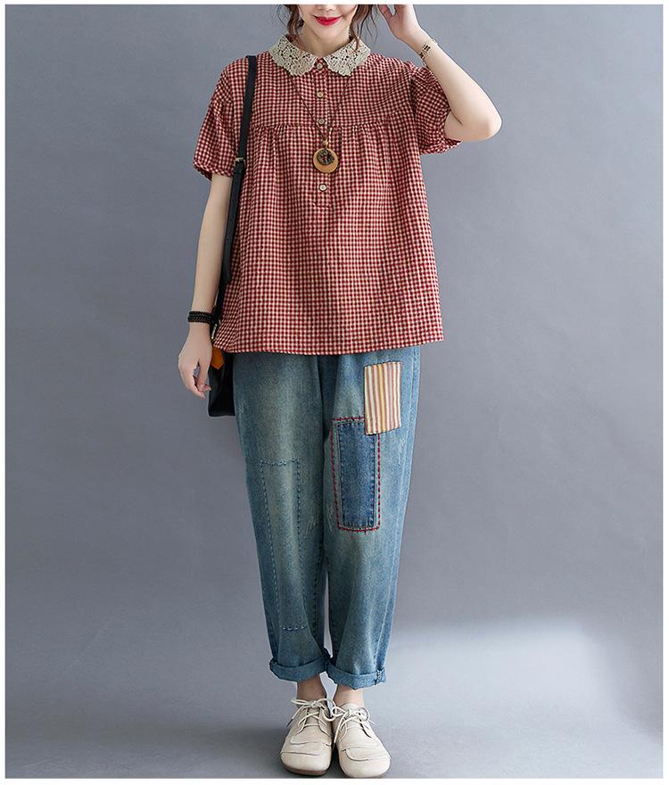 2021 Letní Nadměrná Velikost Patchwork Dámská Bavlněná Lněná Kostkovaná Košile s Peter Pan Límcem Zeštíhlující Krátký Rukáv