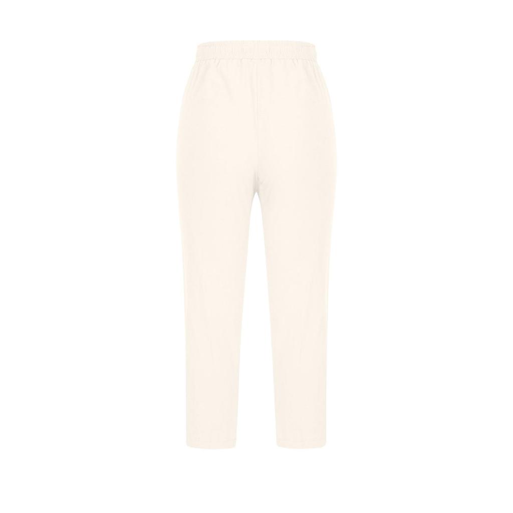 Pantalon droit décontracté pour femme en coton et lin avec cordon de serrage et taille élastique