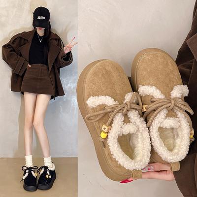Lace-up Cotton Shoes for Women's Winter New Casual Outer Wear Velvet Thickened Warm Student Thick-soled Snow Boots for Women