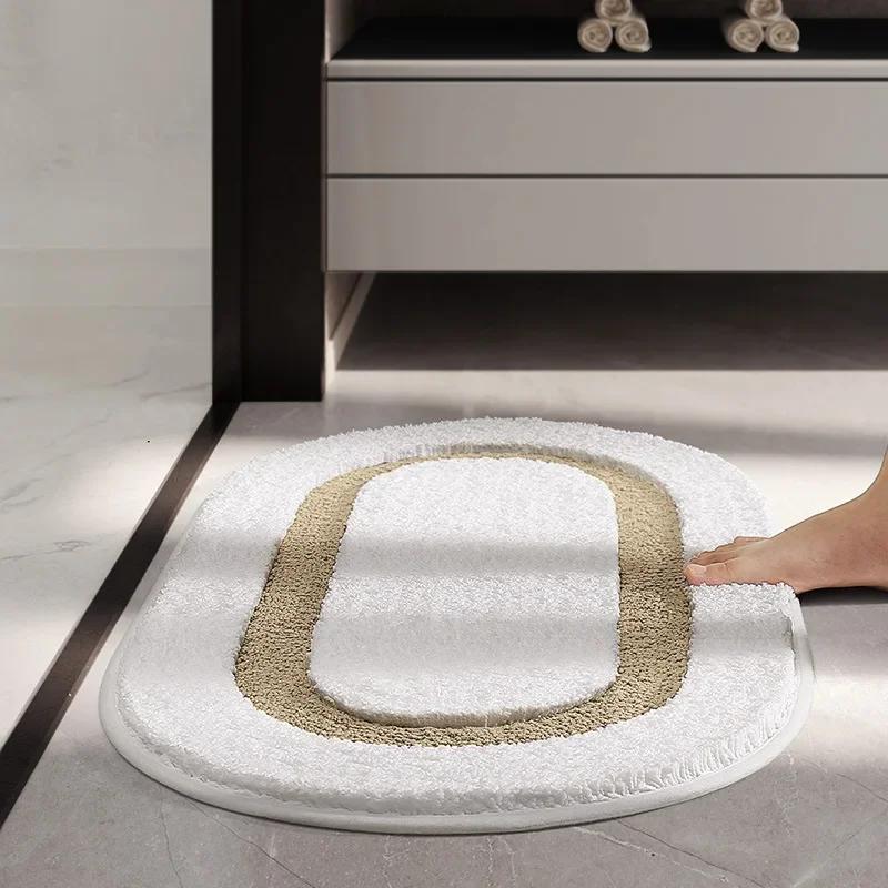Luxusní vločkovaná koupelnová předložka - Obdélníková/Oválná protiskluzová koupelnová rohožka, Hrubý supervláknový absorpční koberec pro moderní domácí dekor