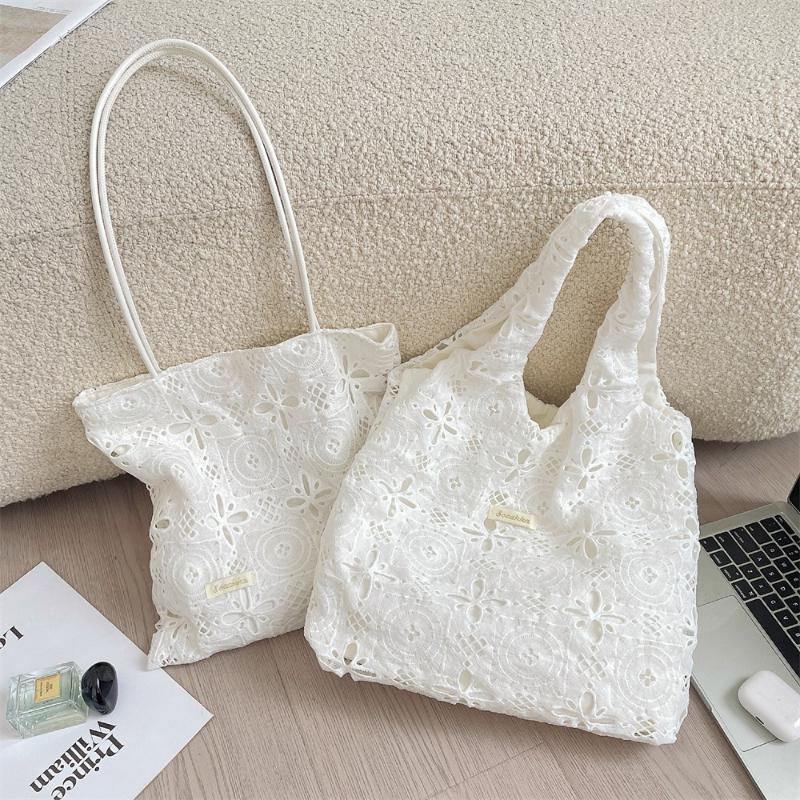 Solid Color Ladies Lace Hollow Embroidery Shoulder Bag Large Capacity Portable Female Vest Shopping Bag Women's Casual Handbags
