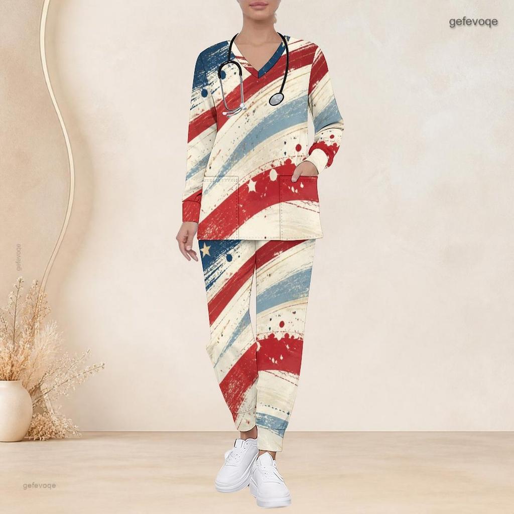 Women Plus Size V Neck Long Sleeve Scrub Set Vintage American Flag Star Stripe Print Nurse Uniform Set