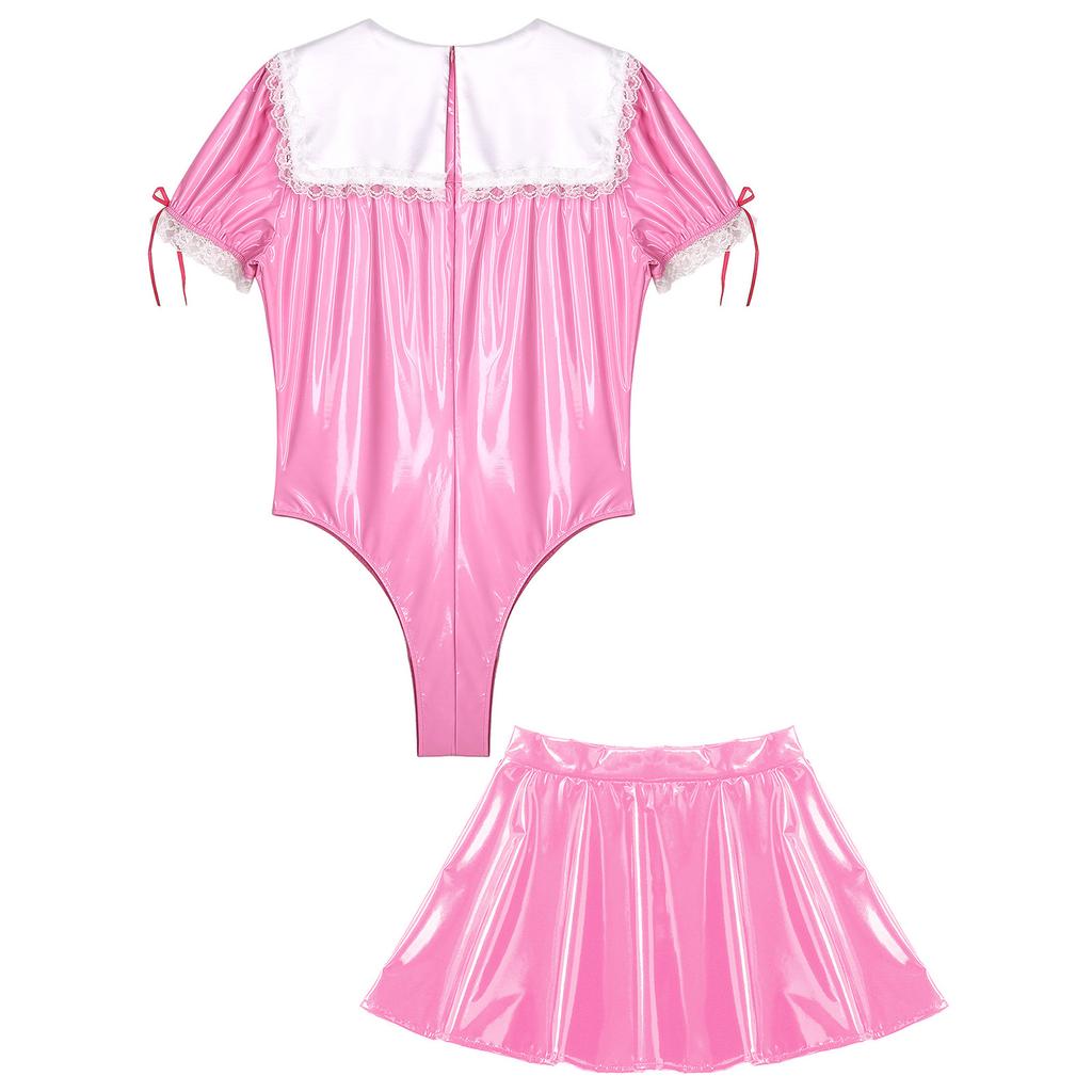 Pánský ženský kostým služky Set Patentovaný kožený body s nafouknutými rukávy Krajková ozdoba Sukně A-linie Crossdressový outfit