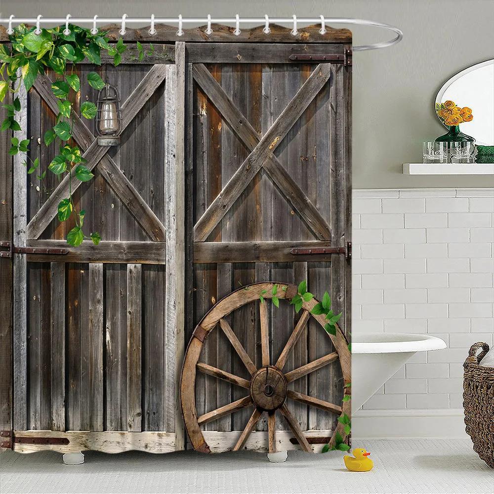 Retro Holz Türen Duschvorhang Set Rustikal Alt Vintage Scheunentor Stoff Badezimmervorhänge Bauernhaus Baddeko Badwände Haken