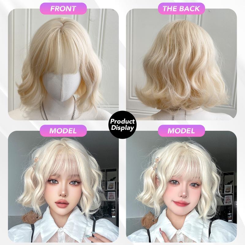12 Inch Water Curly Wave Short Bangs Wigs Blonde Fiber Synthetic Wigs Heat-resistant Natural Party or Selfie For Women Korean Fashion