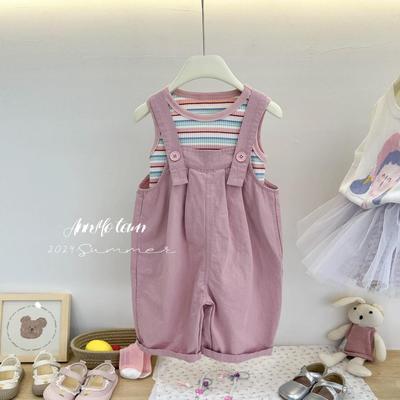 Ensemble deux pièces gilet rayé rose et salopette pour filles printemps/été 2024 (Style coréen)