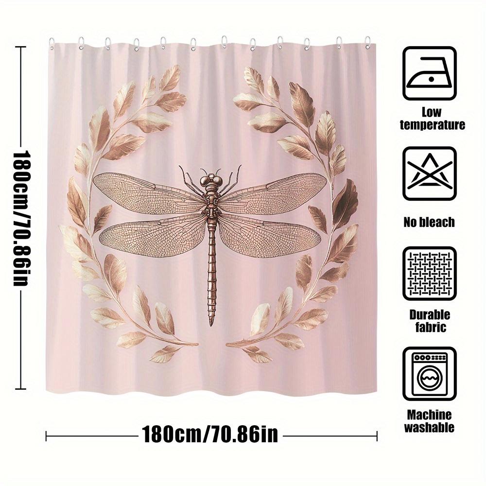 1pc Golden Dragonfly Shower Curtain - Digital Artwork with Intricate Wings, Laurel Wreaths, Soft Pink Gradient